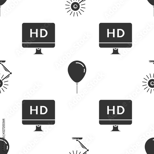 Set Table lamp , Balloon with ribbon and Computer PC monitor with HD video technology on seamless pattern. Vector
