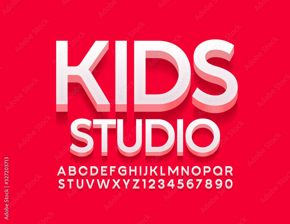 Vector modern banner Kid Studio. Trendy white Font. 3D Alphabet Letters and Numbers set