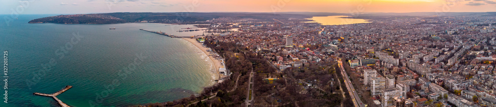Aerial panoramic view of Varna, Bulgaria at sunset in autumn