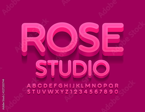 Vector stylish logo Rose Studio. Bright pink Font. 3D Alphabet Letters and Numbers