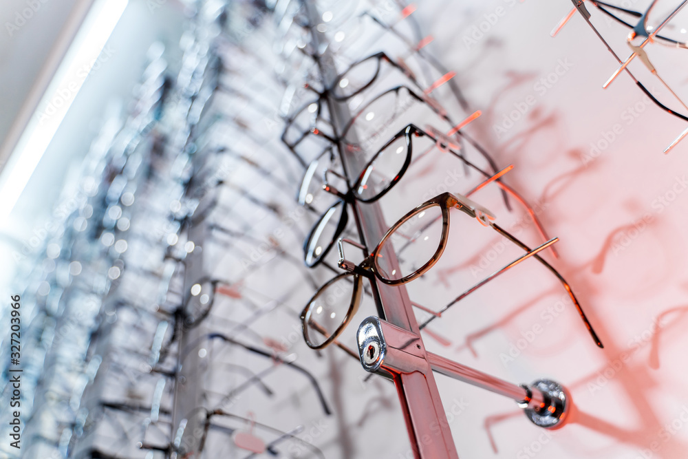 Eyeglasses in a store. Eyesight correction. Optics. Ophthalmology.