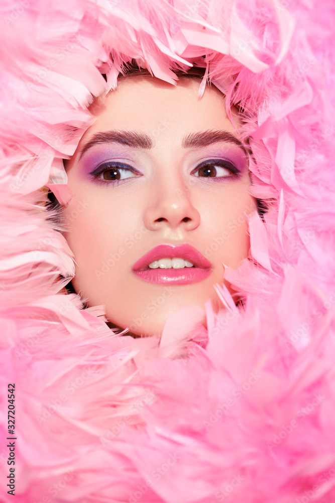  face in fluffy pink boa