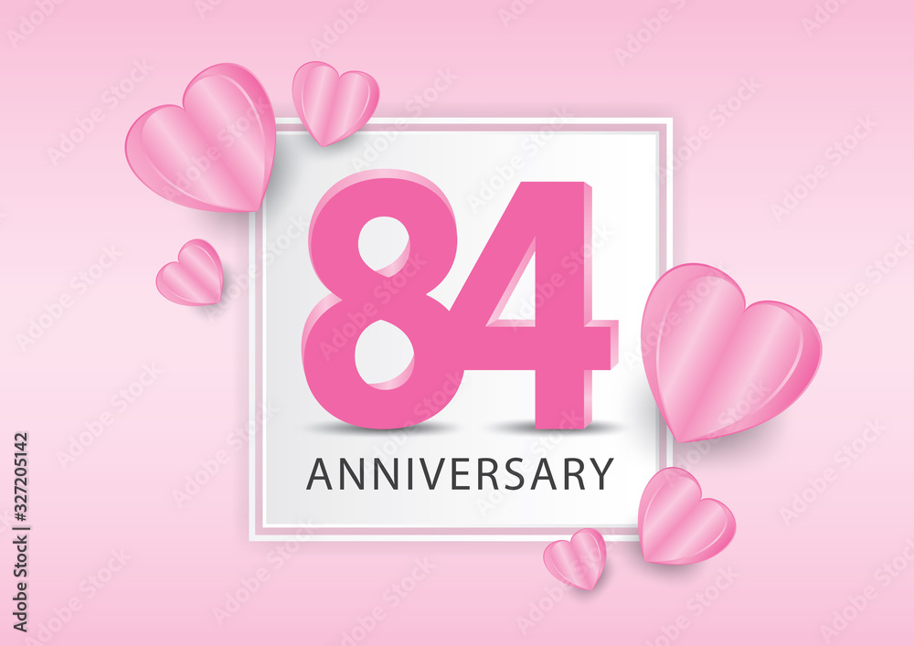 84 Years Anniversary Logo Celebration With heart background. Valentine’s Day Anniversary banner vector template