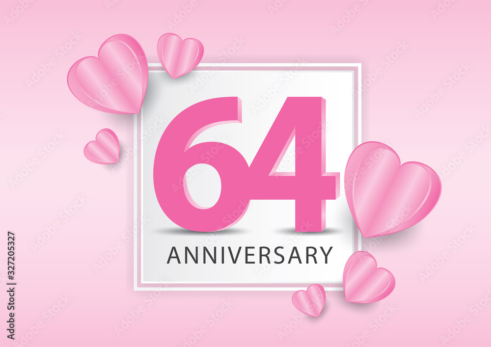64 Years Anniversary Logo Celebration With heart background. Valentine’s Day Anniversary banner vector template