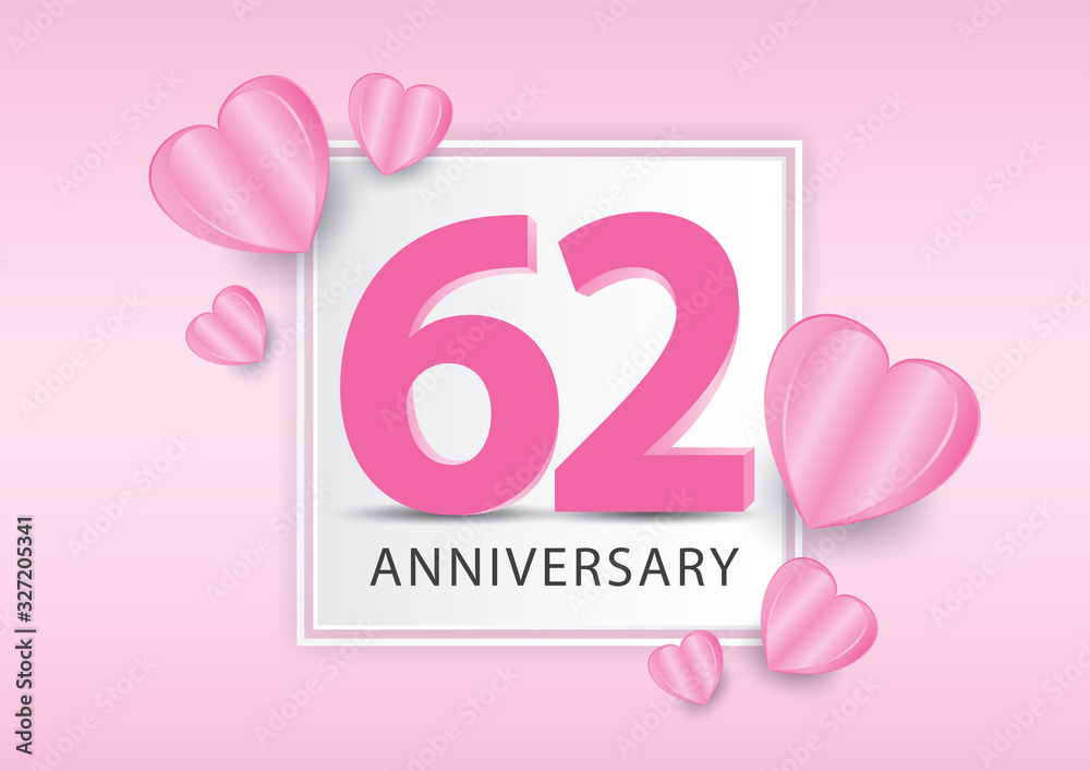 62 Years Anniversary Logo Celebration With heart background. Valentine’s Day Anniversary banner vector template
