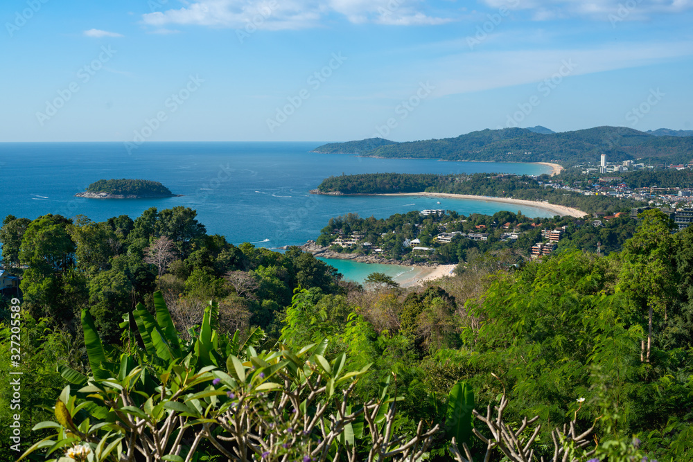 Karon View Point. View point of Karon Beach, Kata Beach and Kata Noi in Phuket, Thailand. Beautiful turquoise sea and blue sky from high view point landscape with magnificent panorama.