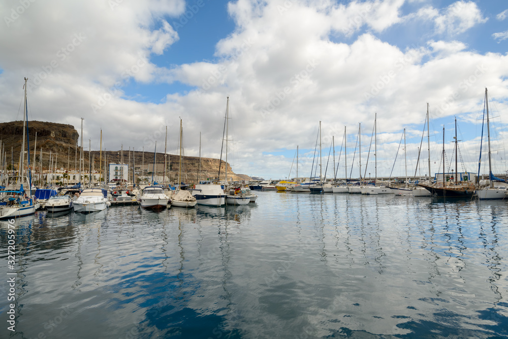 Puerto de Mogan port view with boats, yachts and sailboats, Gran Canaria, Canary Islands, Spain