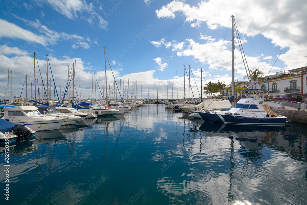 Sailboats and yachts in harbor Puerto de Mogan, Gran Canaria, Canary Islands, Spain