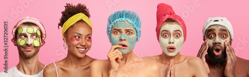 Hotizontal shot of three women with clay mask, scrub on face and patches, sho...