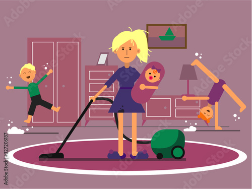 Tired mother and children in a room