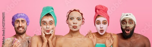 Collage shot of emotional people wear facial masks for having healthy skin and complexion, look surprisingly at camera, wash body, isolated on pink background. People, pampering, beauty treatment