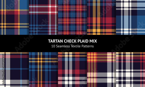 Tartan plaid pattern set. Seamless dark multicolored check plaid texture in blue, red, yellow, and off white for flannel shirt, blanket, throw, upholstery, or other modern fabric design.