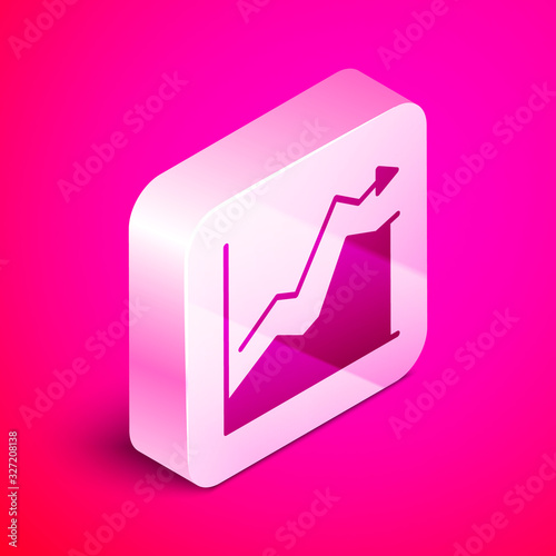 Isometric Oil price increase icon isolated on pink background. Oil industry crisis concept. Silver square button. Vector Illustration