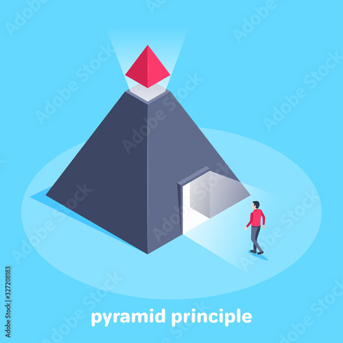 isometric vector image on a blue background, a man enters an open passage in a pyramid, the principle of the pyramid