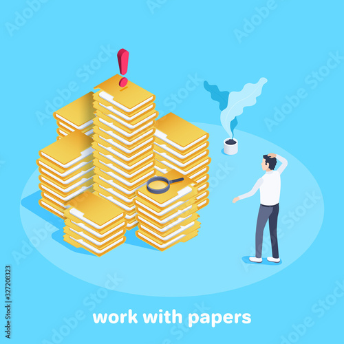 isometric vector image on a blue background, high stacks of folders and a man in thought, hard work with papers