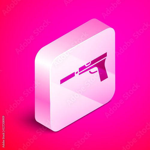 Isometric Pistol or gun with silencer icon isolated on pink background. Silver square button. Vector Illustration