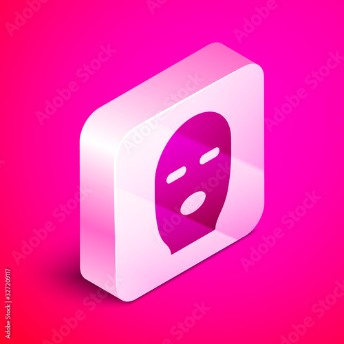 Isometric Thief mask icon isolated on pink background. Bandit mask, criminal man. Silver square button. Vector Illustration