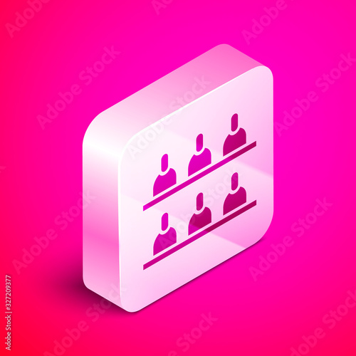 Isometric Jurors icon isolated on pink background. Silver square button. Vector Illustration