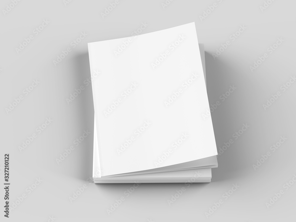 Open magazines with a glued binding. Stack of catalogues. Vertical A4 format. 3d illustration.