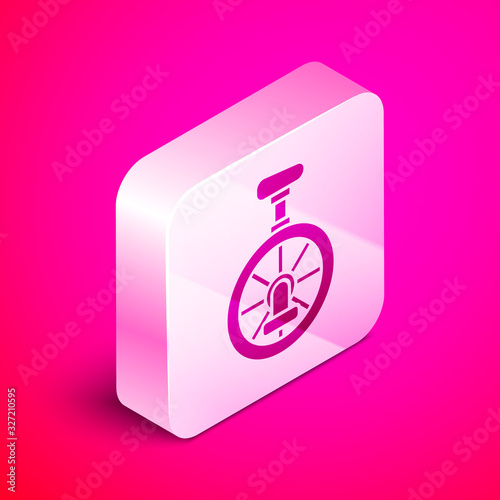 Isometric Unicycle or one wheel bicycle icon isolated on pink background. Monowheel bicycle. Silver square button. Vector Illustration