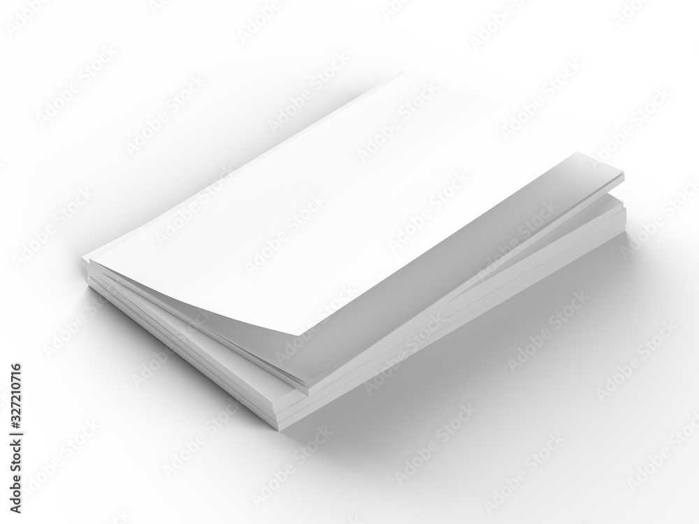 Open magazines with a glued binding. Stack of catalogues. Vertical A4 format. 3d illustration. Open magazines with a glued binding. Stack of catalogues. Vertical A4 format. 3d illustration.