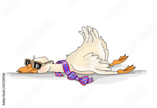 Vector Illustration. funny cute bird goose resting with glasses photo