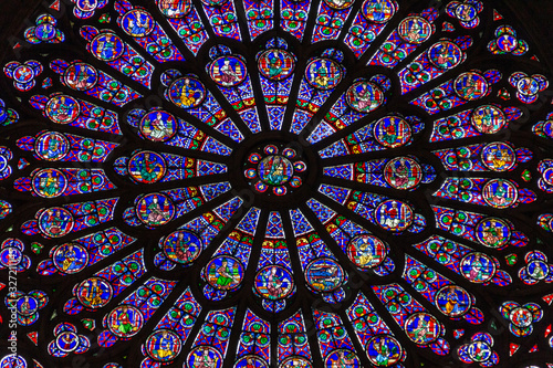 Stained glass windows inside Notre-Dame Cathedral - Paris, France
