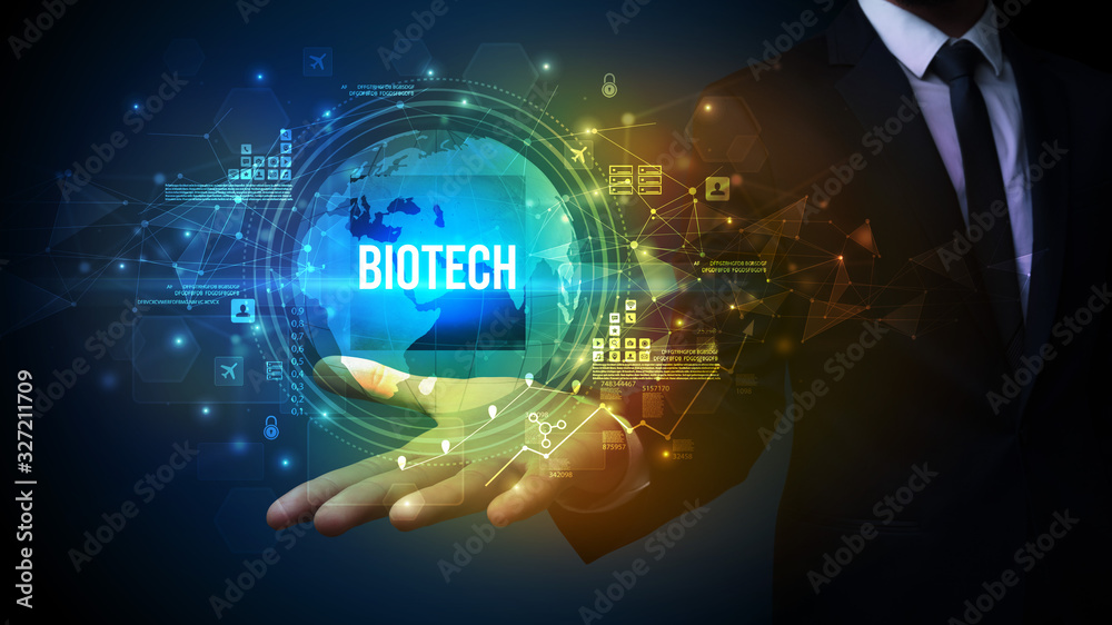 Elegant hand holding BIOTECH inscription, digital technology concept Elegant hand holding BIOTECH inscription, digital technology concept