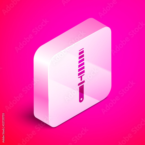 Isometric Chisel tool for wood icon isolated on pink background. Silver square button. Vector Illustration