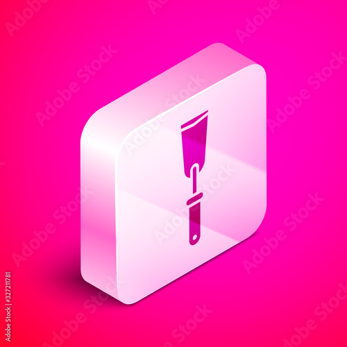 Isometric Putty knife icon isolated on pink background. Spatula repair tool. Spackling or paint instruments. Silver square button. Vector Illustration
