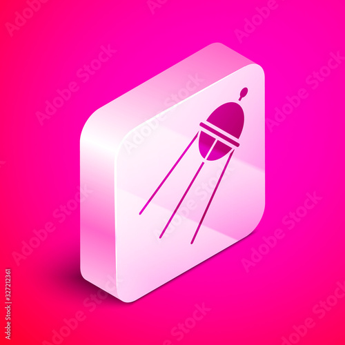 Isometric Satellite icon isolated on pink background. Silver square button. Vector Illustration