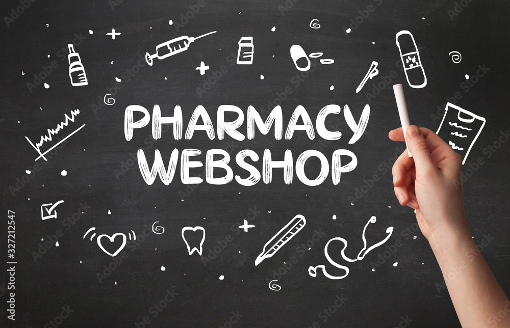 Hand drawing PHARMACY WEBSHOP inscription with white chalk on blackboard, medical concept Hand drawing PHARMACY WEBSHOP inscription with white chalk on blackboard, medical concept