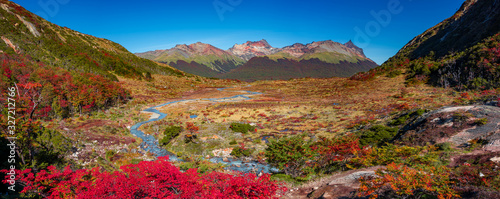 Panoramic view over magical austral forests, peat bogs and high mountains in Tierra del Fuego National Park, Patagonia, Argentina, golden Autumn and blue sky photo