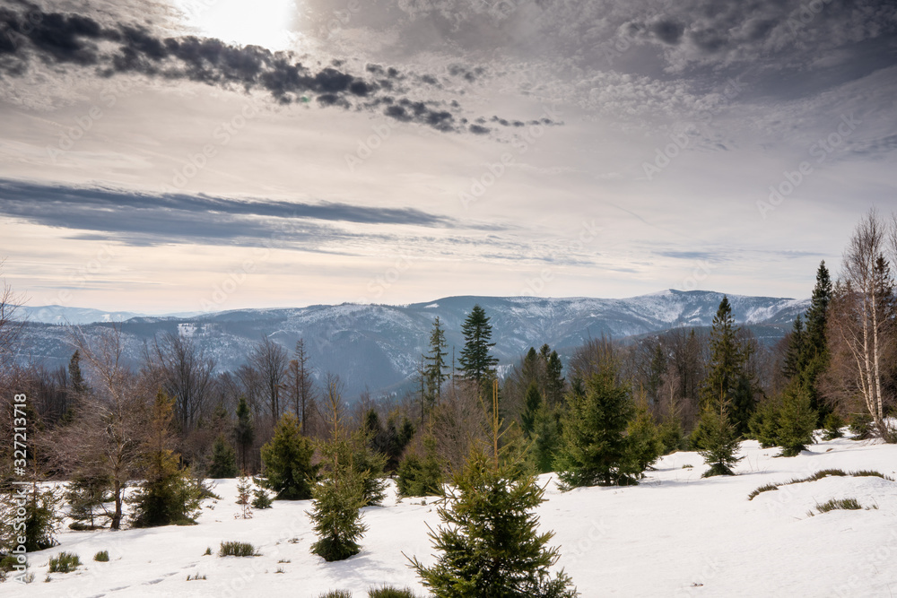 Winter landscape in mountains at sunshine day with beautiful clouds, Poland Beskids