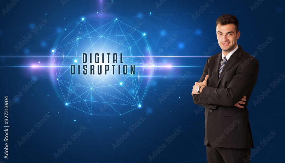 Businessman thinking about security solutions with DIGITAL DISRUPTION inscription Businessman thinking about security solutions with DIGITAL DISRUPTION inscription