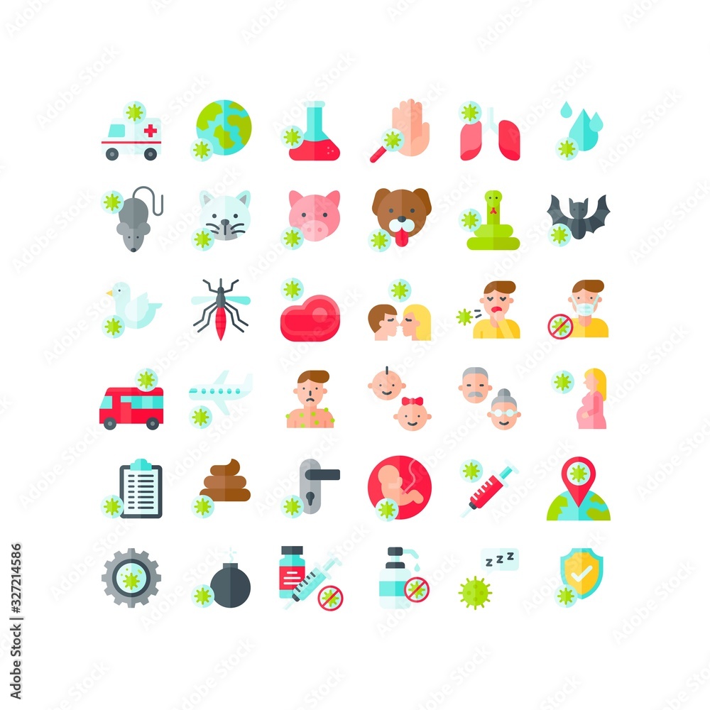 virus transmission or coronavirus related flask, meat, injection, hand wash, water drop, world globe, gear, ambulance, cat, dog, snake, pig, pregnant woman, and lungs vector in flat design, virus transmission or coronavirus related flask, meat, injection, hand wash, water drop, world globe, gear, ambulance, cat, dog, snake, pig, pregnant woman, and lungs vector in flat design,