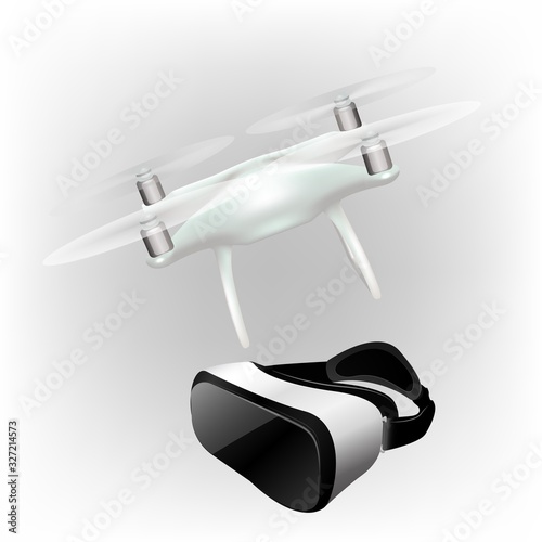 Virtual reality headset air drone with camera, Quad copter realistic mockup.