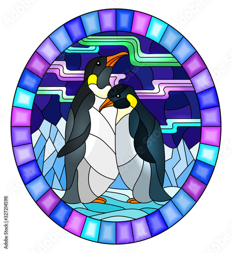 Illustration in stained glass style with a pair of penguins on a background of snow, moon and Northern lights, oval image in bright frame