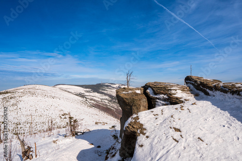 Fototapeta Naklejka Na Ścianę i Meble -  Winter landscape in mountains at sunshine day with beautiful clouds, Poland Beskids