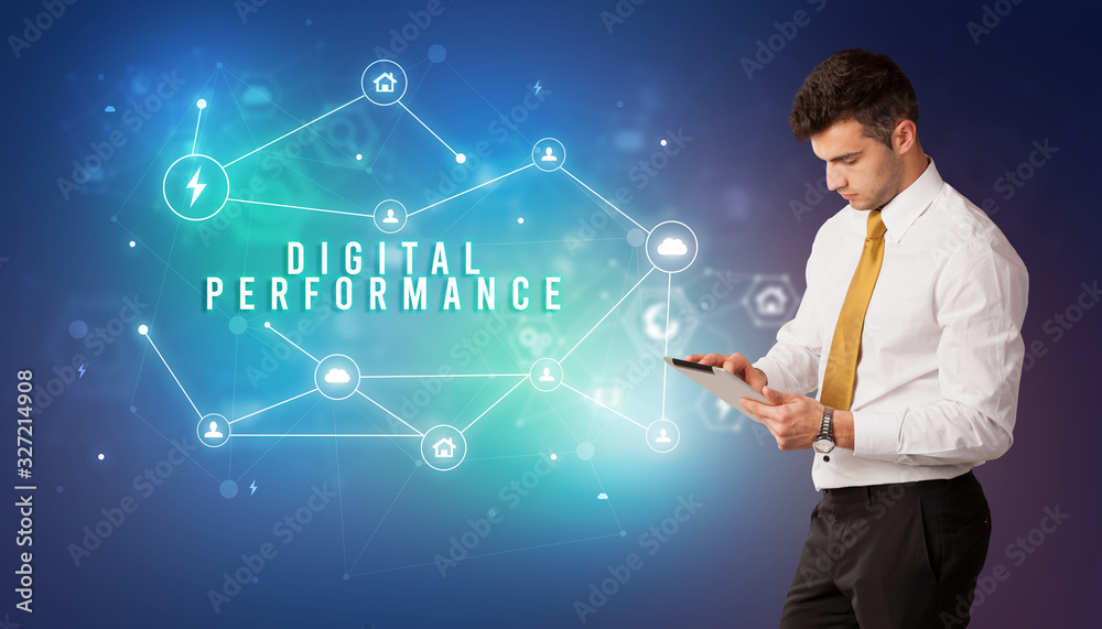 Businessman in front of cloud service icons with DIGITAL PERFORMANCE inscription, modern technology concept Businessman in front of cloud service icons with DIGITAL PERFORMANCE inscription, modern technology concept