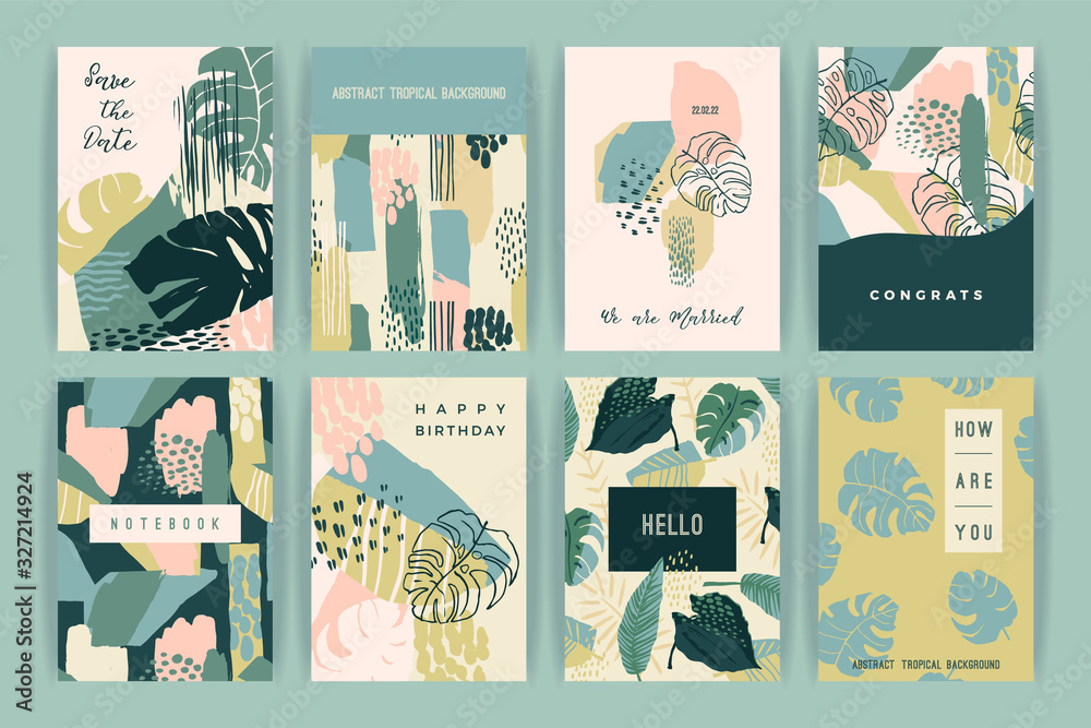 Creative set of templates with tropical plants and artistic background.