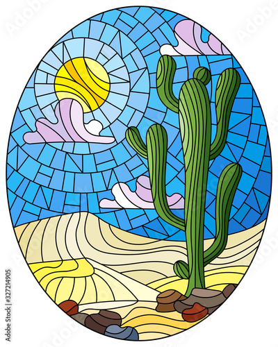 The illustration in stained glass style painting with desert landscape, cactus in a lbackground of dunes, sky and sun, oval image