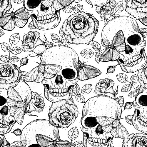 Skull, butterfly and roses seamless pattern. Hand drawn vector illustration. Fabric design template. Skull and moth background.