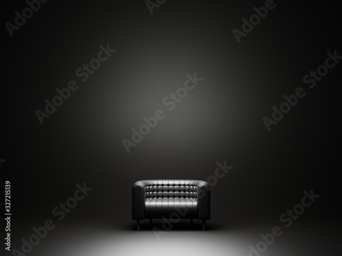 Black sofa in a black wide room. Minimal style concept. pastel color style. 3D render.
