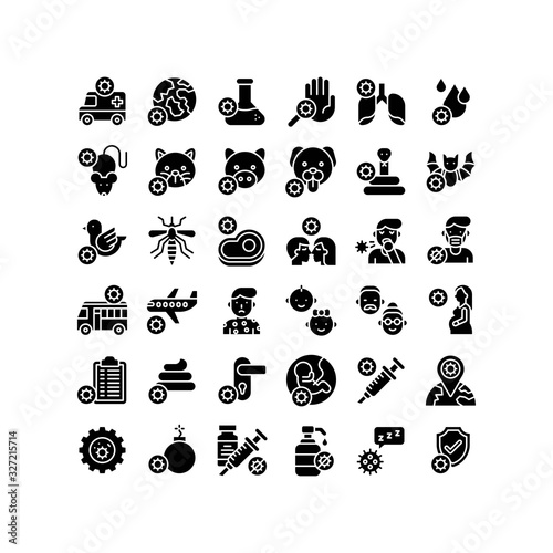 virus transmission or coronavirus related flask, meat, injection, hand wash, water drop, world globe, gear, ambulance, cat, dog, snake, pig, pregnant woman, and lungs vector in solid design,