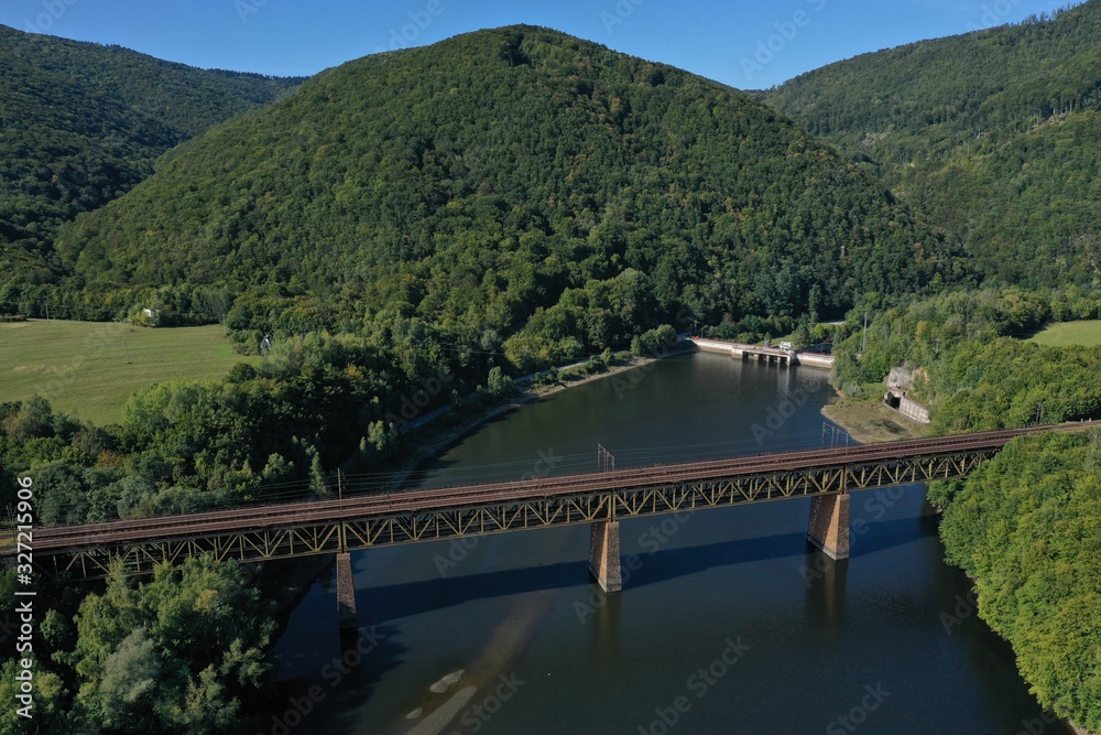 Aerial view of railway bridge in Mala Lodina village in Slovakia
