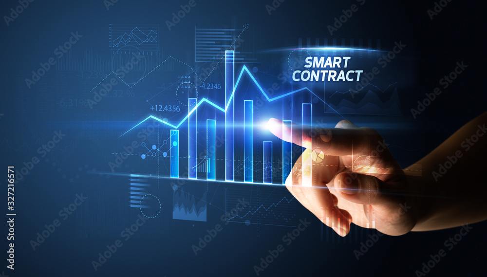 Hand touching SMART CONTRACT button, business concept Hand touching SMART CONTRACT button, business concept