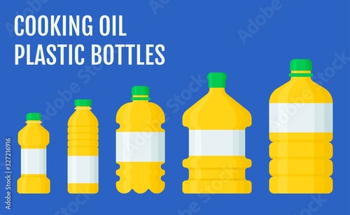 bottles related cooking oil plastic bottles with caps and labels vectors illustration in flat design,