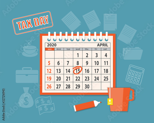 Calendar page April 2020 with red marking 15th for tax day