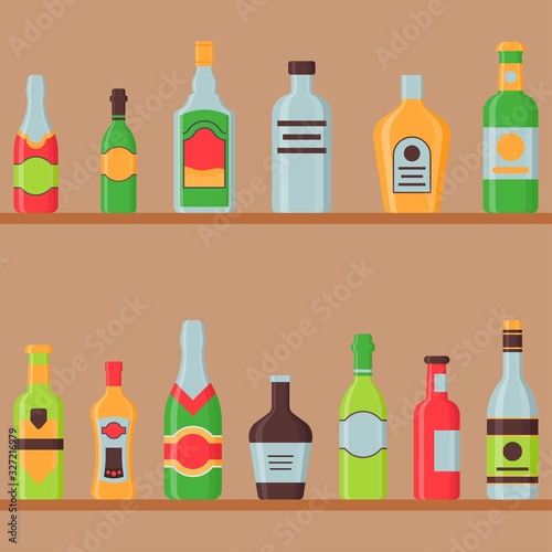 bottles illustration related champagne, whiskey, vodka, beer, wine, alcoholic bottles with caps and labels vector illustration in flat style,